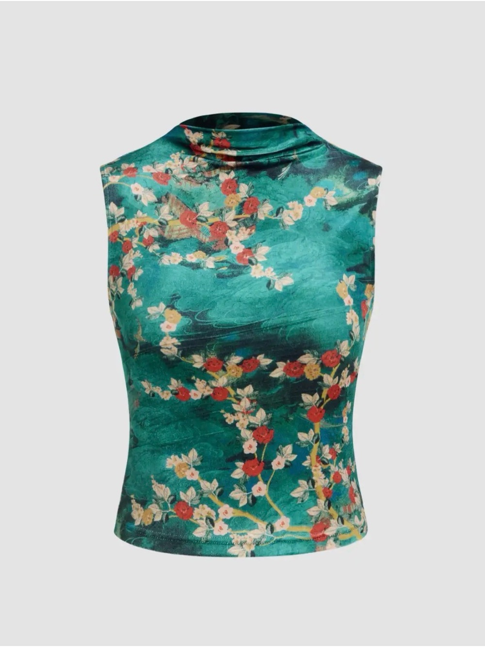 Cider Teal Floral Mock-Neck Sleeveless Camisole